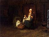 Interior Canvas Paintings - A Mother And Her Children In An Interior